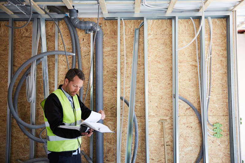 Male architect reading file while standing at construction site