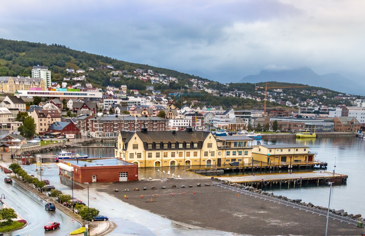 View of the Port and town of Harstad, Hinnoya island, Troms county, Norway.