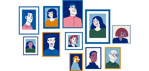 Illustrasjon med mange bilder av mennesker på en vegg