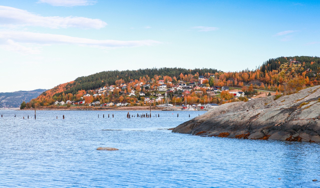 Hommelvik, coastal village in Norway. Rural Norwegian landscape at autumn day