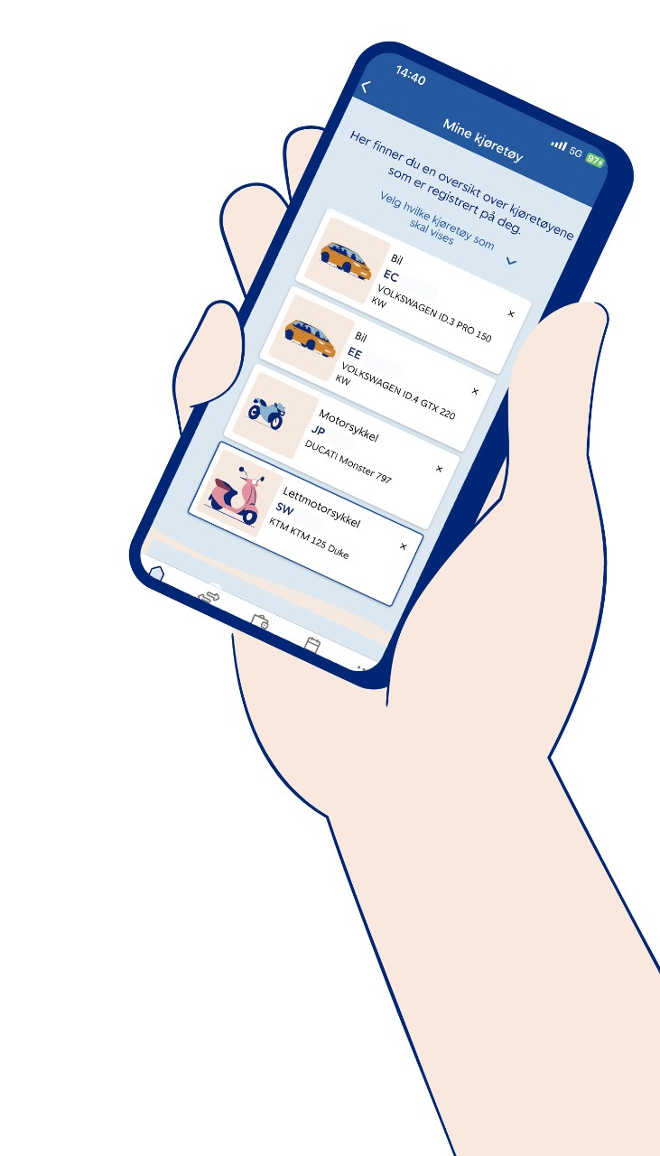 illustrasjon av mobilbank som viser mine kjøretøy