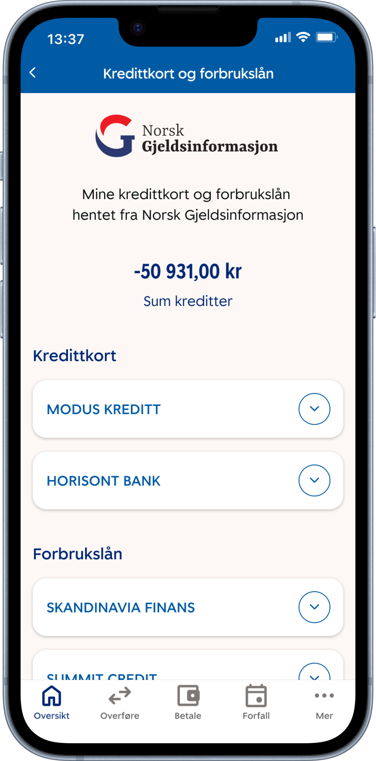 Vis alle dine kredittkort og forbrukslån i mobilbanken