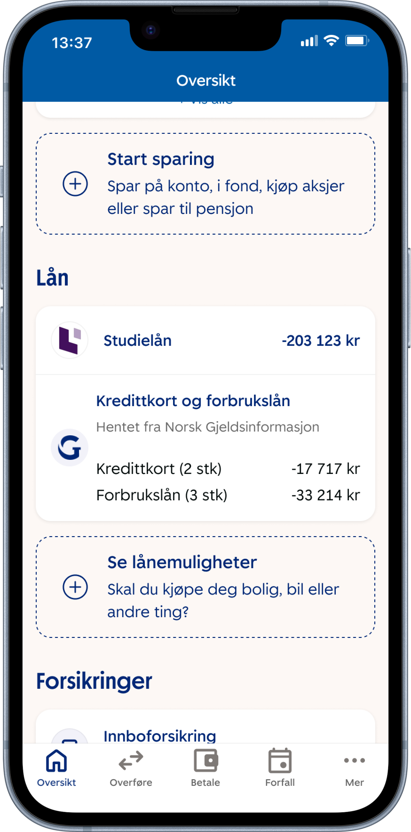 Vis alle dine kredittkort og forbrukslån i mobilbanken