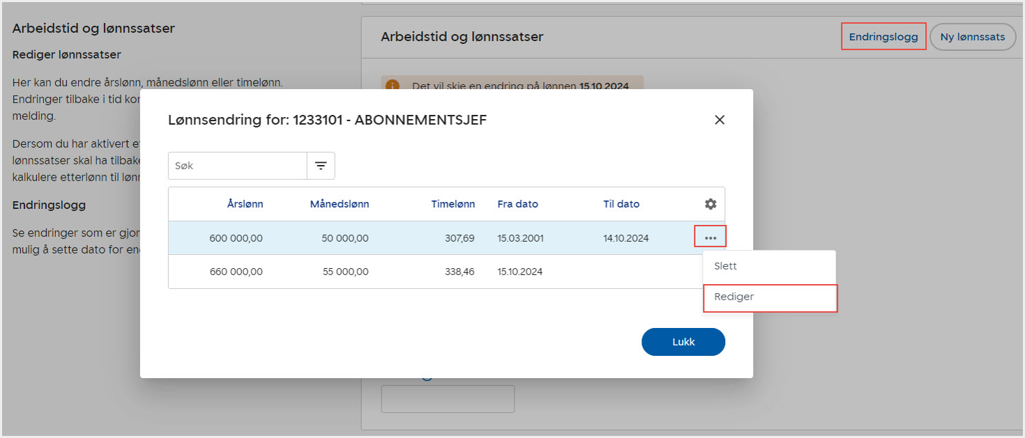 oppdatere faste lønnssatser for en ansatt skjermbilde 5